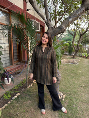 Green stripe line woollen short kurti