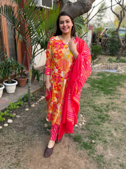Orange Multi Flower A-line Suit Set by Sanskritam