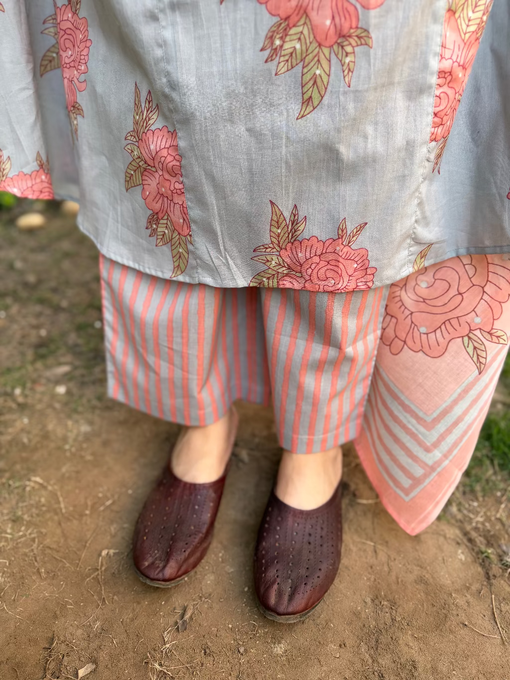 Powder Blue Floral A-line Full Suit Set Pants by MySanskritam