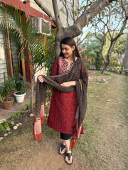 Maroon Handblock printed yoke suit set