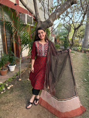 Maroon Handblock printed yoke suit set