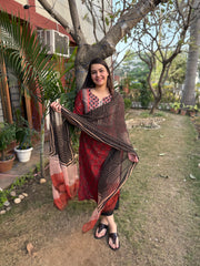 Maroon Handblock printed yoke suit set
