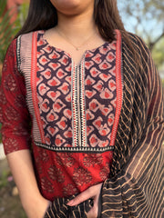 Maroon Handblock printed yoke suit set
