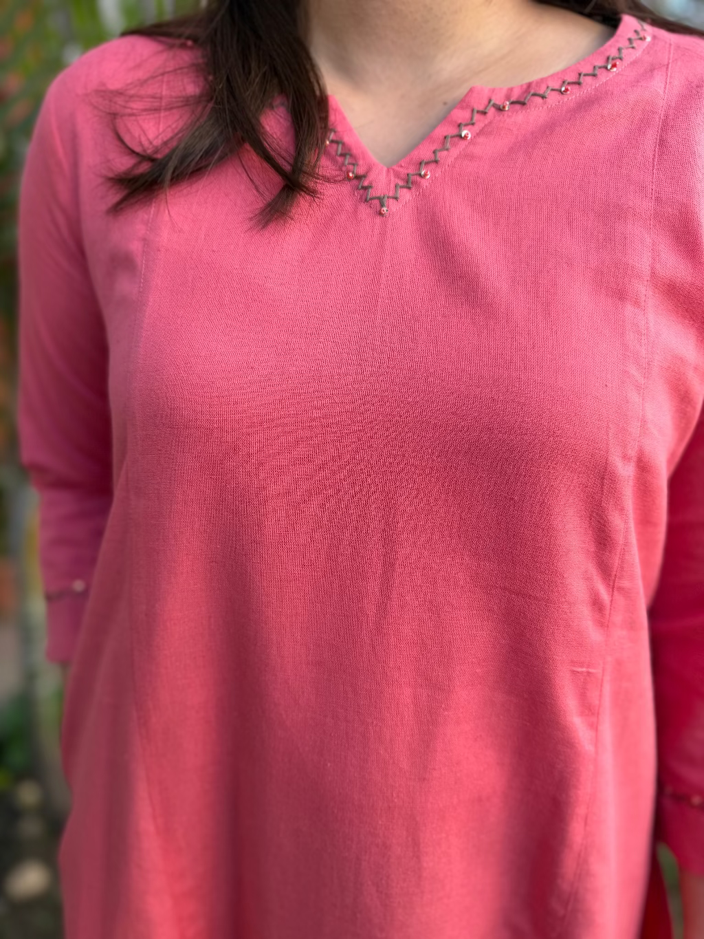 Rose Pink Embroidered Neck A-Line Kurta neck details by Sanskritam