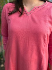 Rose Pink Embroidered Neck A-Line Kurta neck details by Sanskritam