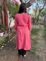 Rose Pink Embroidered Neck A-Line Kurta from the back by Sanskritam