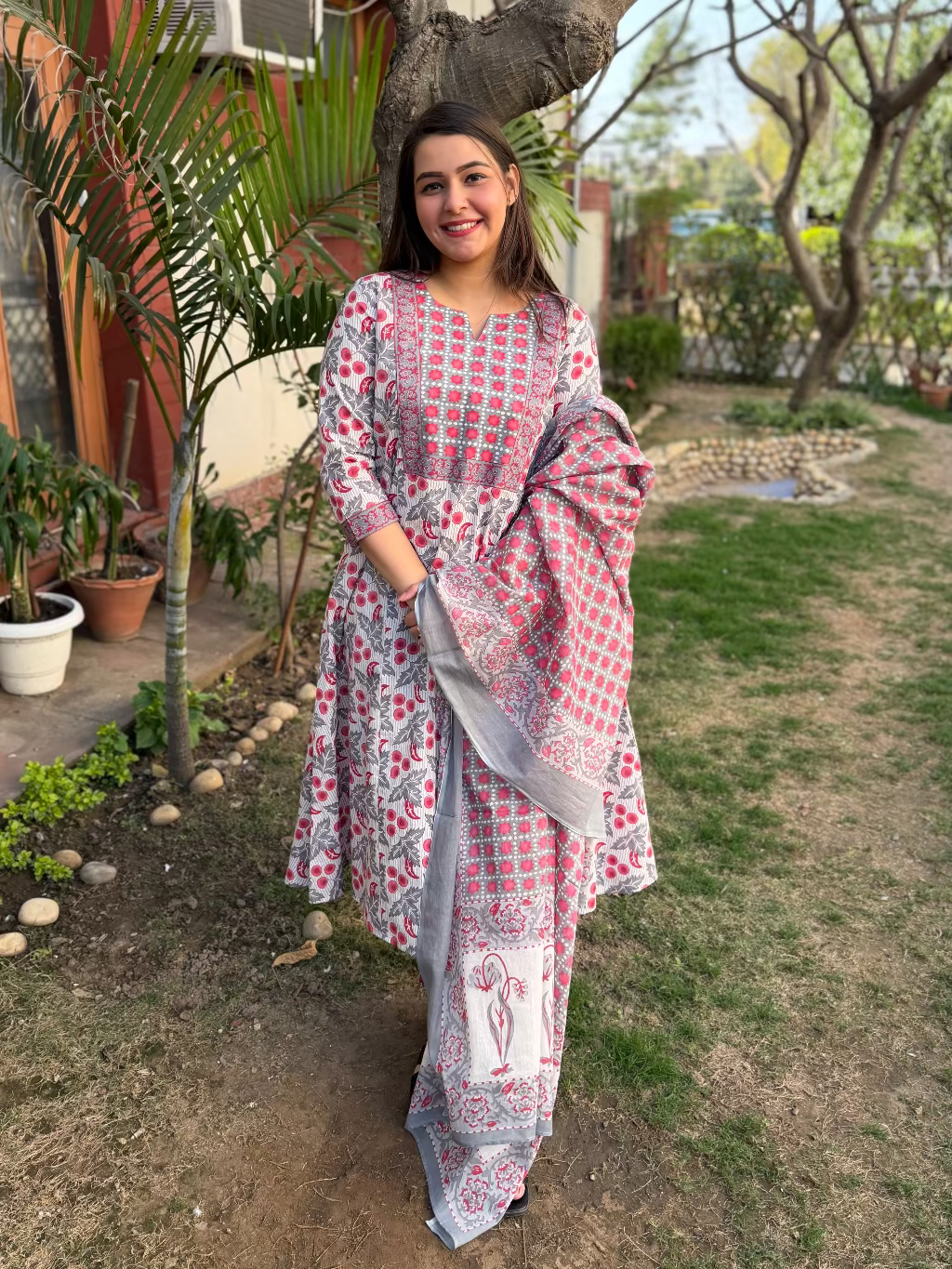 Cherry Print Yoke A-line Suit Set by MySanskritam