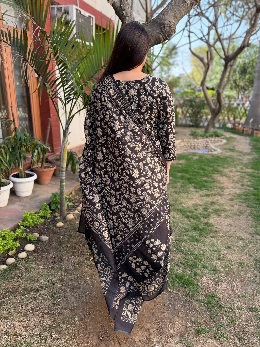 Black Yoke A-line Full Suit Set from the back by Sanskritam