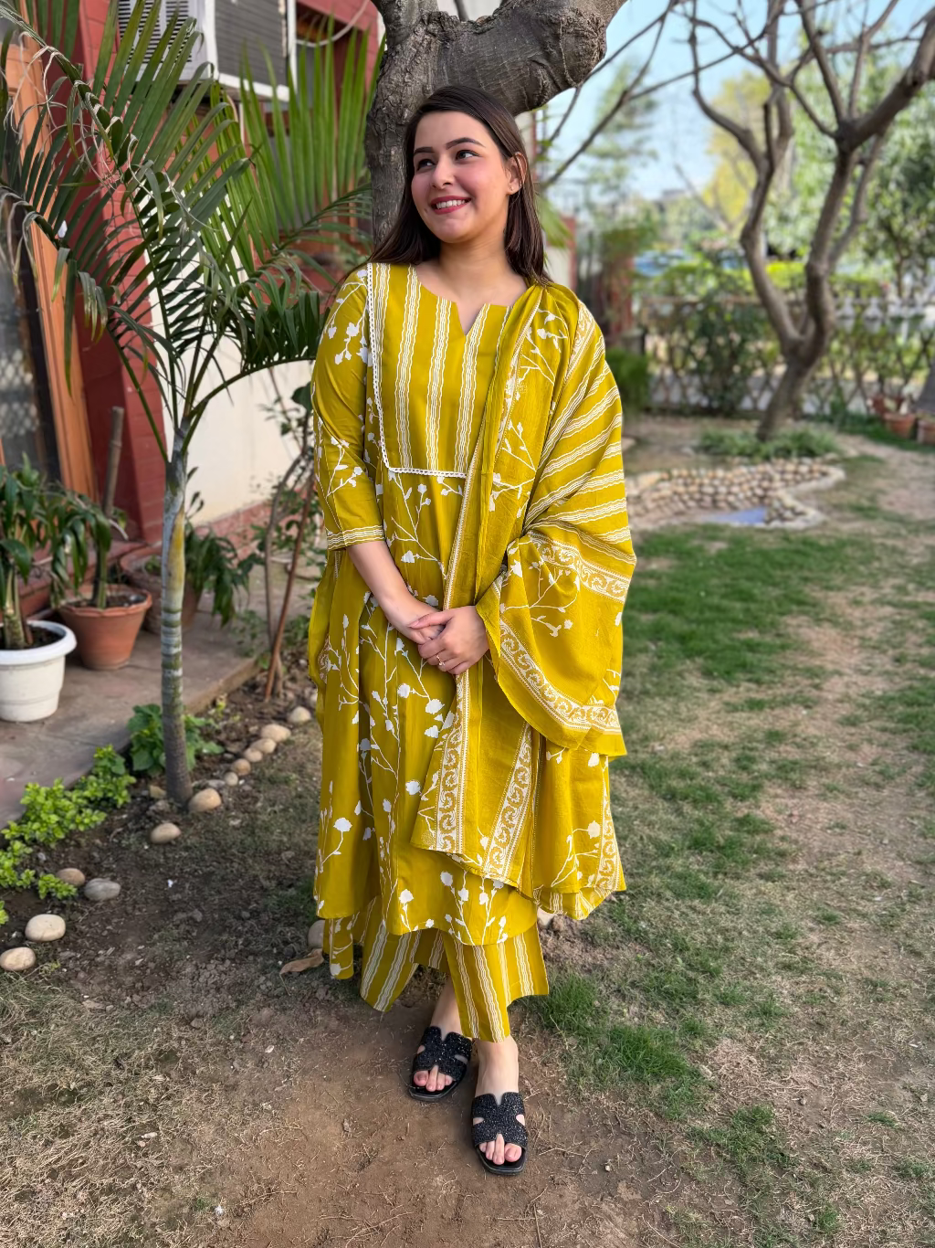 Neon Green Floral A-line Full Suit Set by MySanskritam