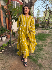 Neon Green Floral A-line Full Suit Set by MySanskritam
