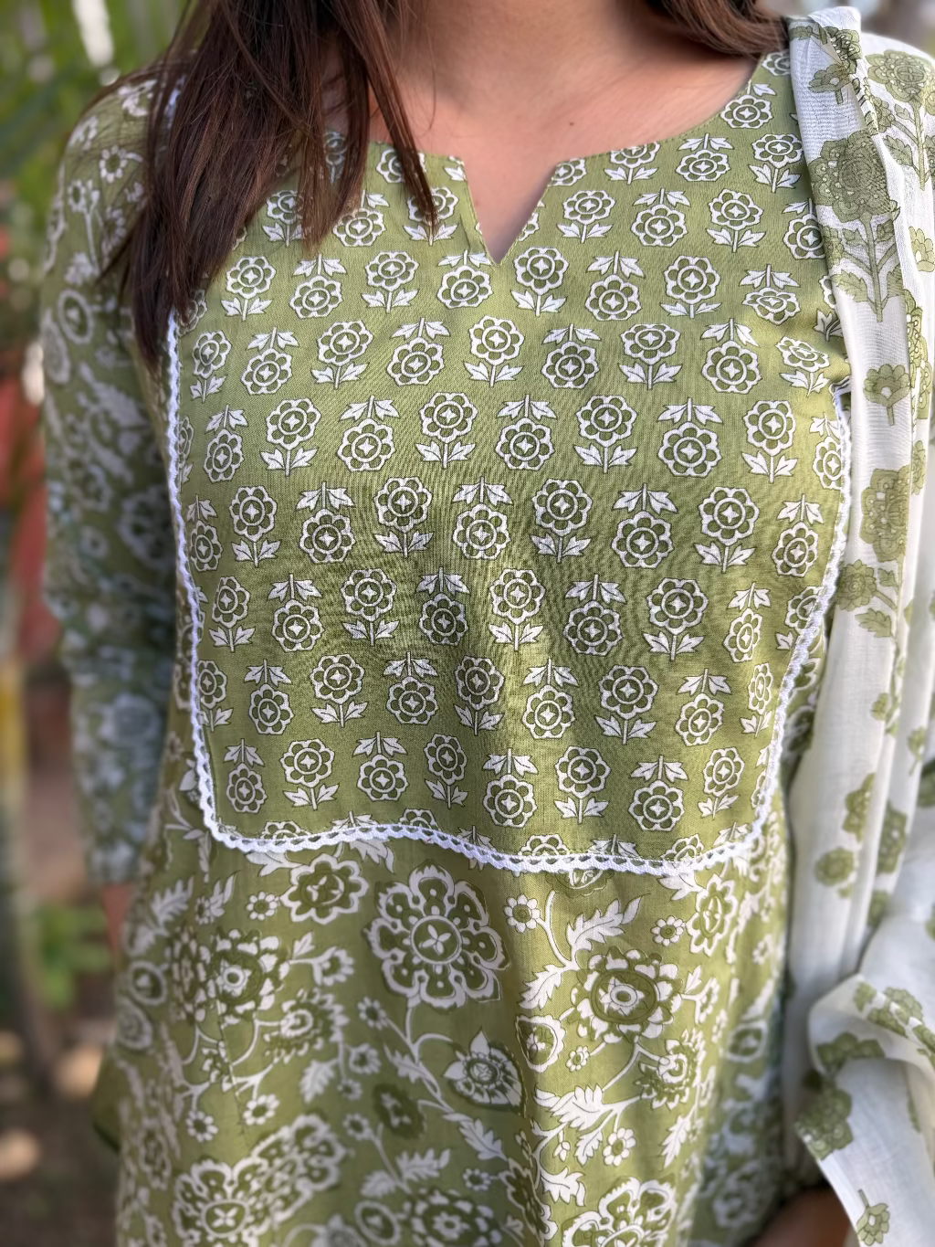Pista Green A-line Full Suit Set neck detail by Sanskritam