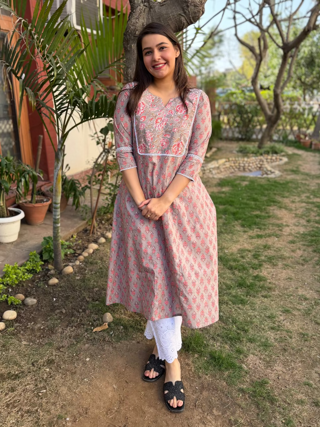 Grey Floral Yoke A-line Kurta by Sanskritam