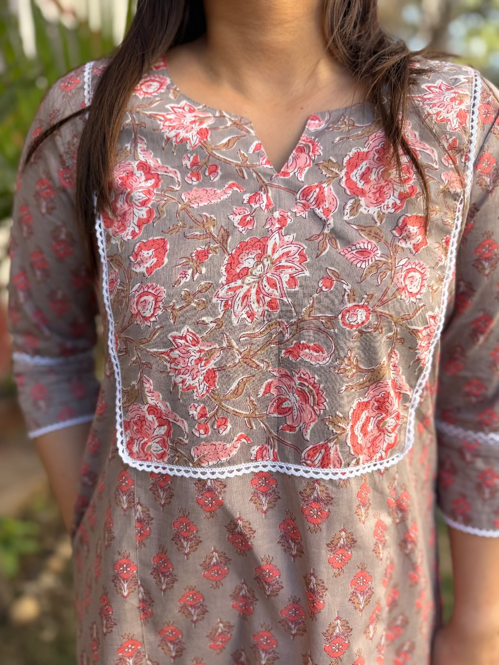 Grey Floral Yoke A-line Kurta by Sanskritam
