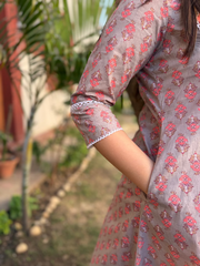 Grey Floral Yoke A-line Kurta Pocket by Sanskritam