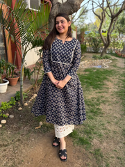Dark Blue Yoke A-line Kurta by MySanksritam