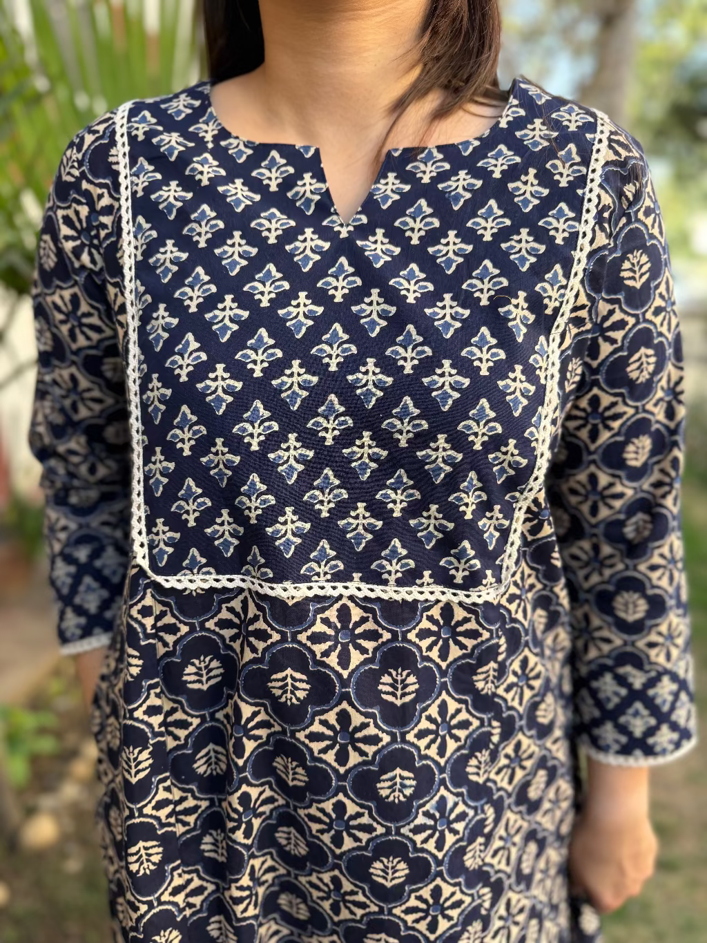 Dark Blue Yoke A-line Kurta neck detail by MySanksritam