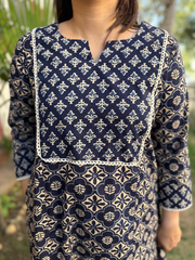 Dark Blue Yoke A-line Kurta neck detail by MySanksritam