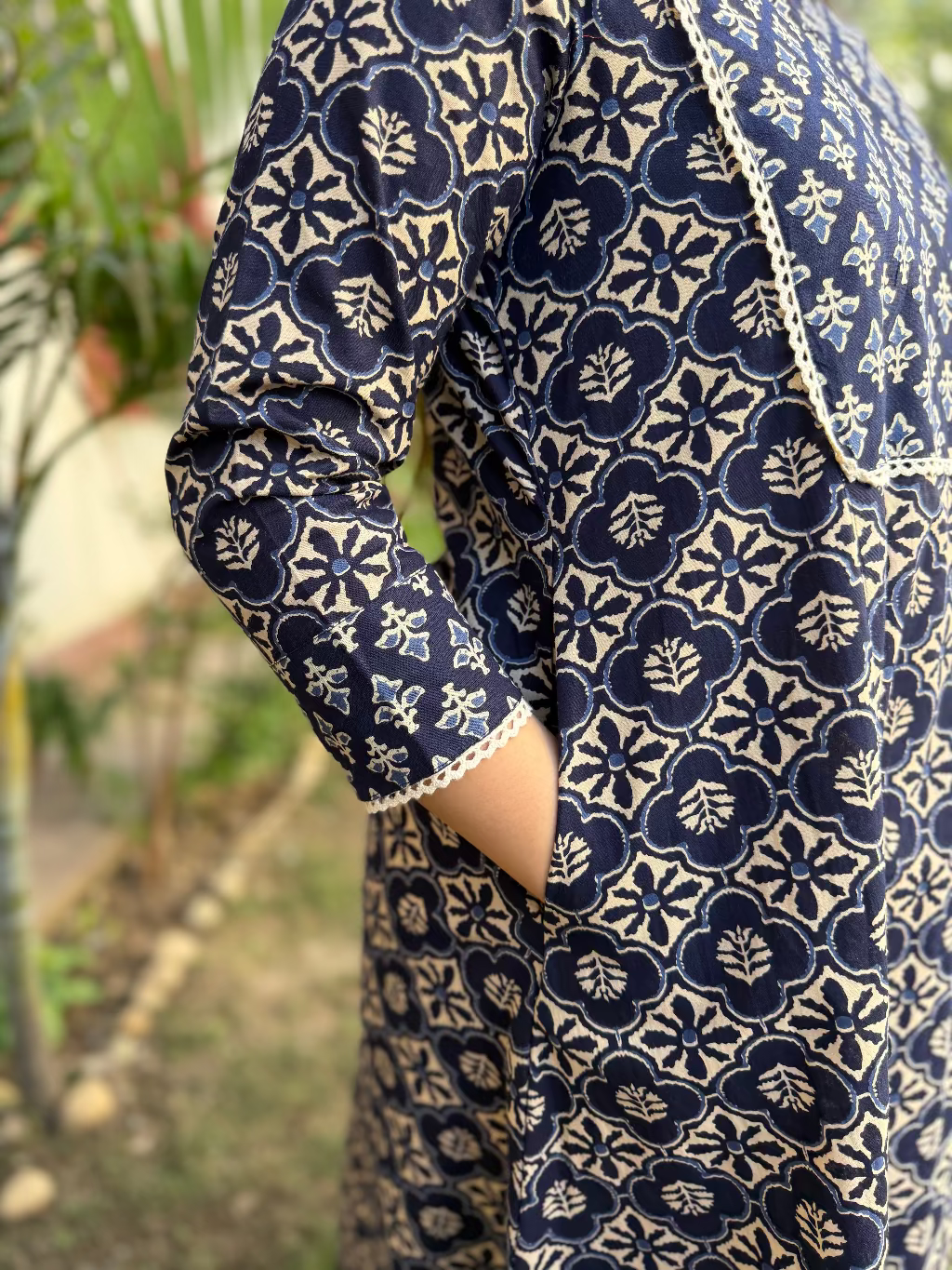 Dark Blue Yoke A-line Kurta Pocket by MySanksritam
