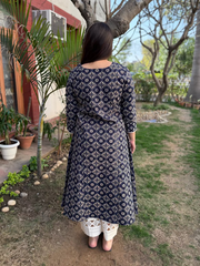Dark Blue Yoke A-line Kurta from the back by MySanksritam