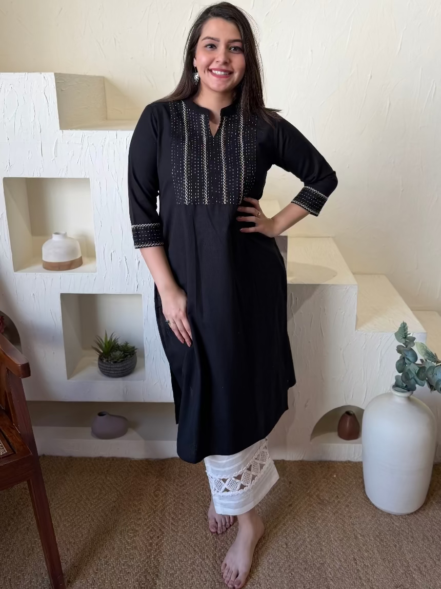 Black Kantha Embroidered Yoke Kurta by MySanskritam