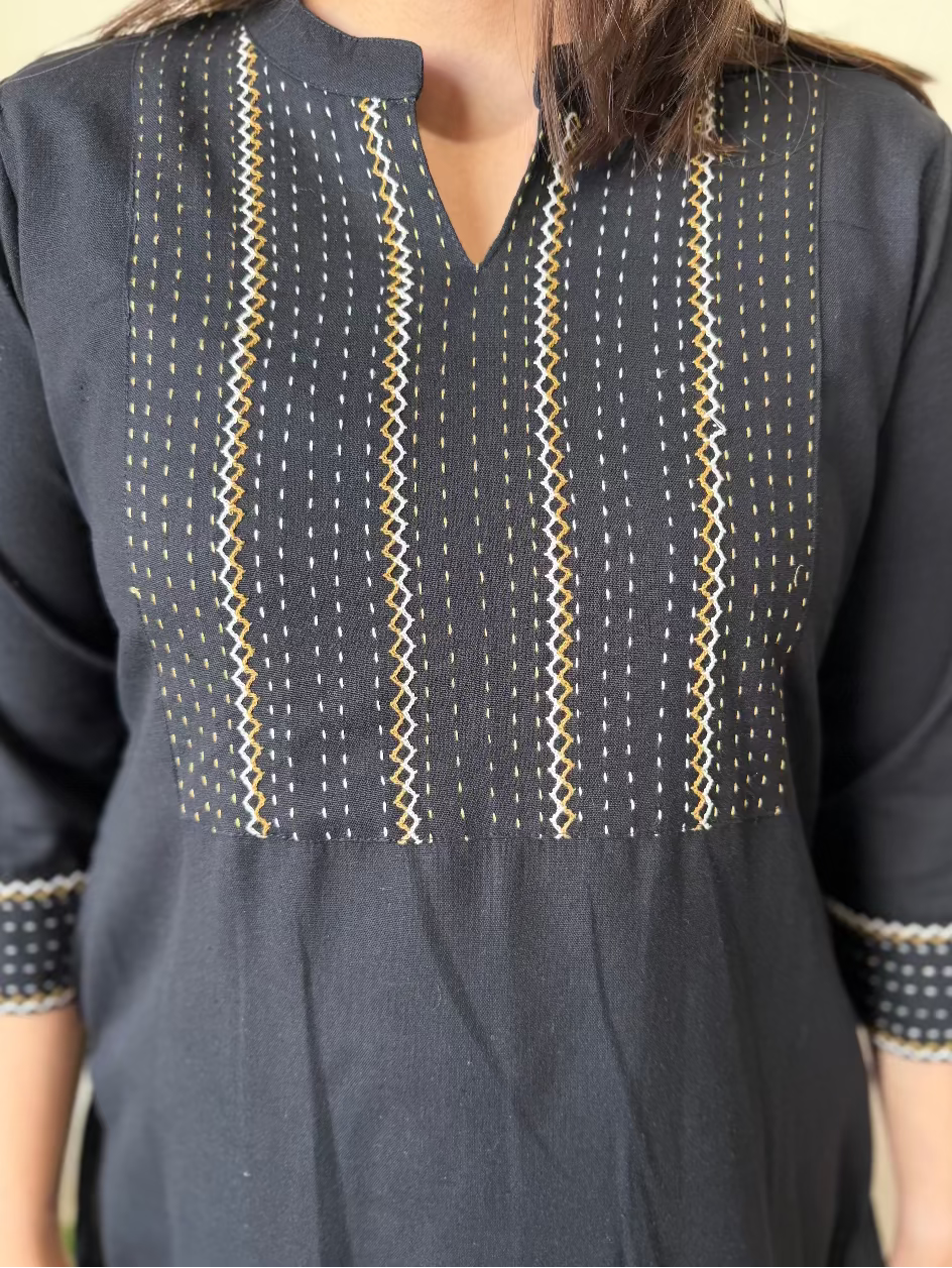 Black Kantha Embroidered Yoke Kurta neck embroidery by MySanskritam