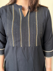Black Kantha Embroidered Yoke Kurta neck embroidery by MySanskritam