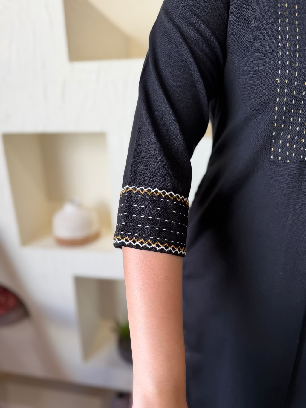 Black Kantha Embroidered Yoke Kurta sleeve detail by MySanskritam