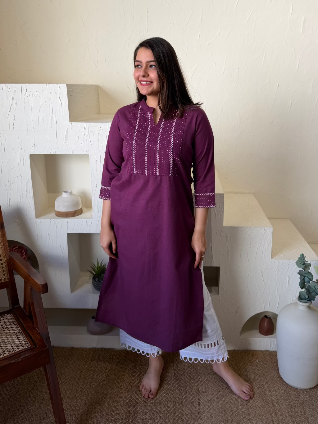 Wine Kantha Embroidered Yoke Kurta by Sanskritam
