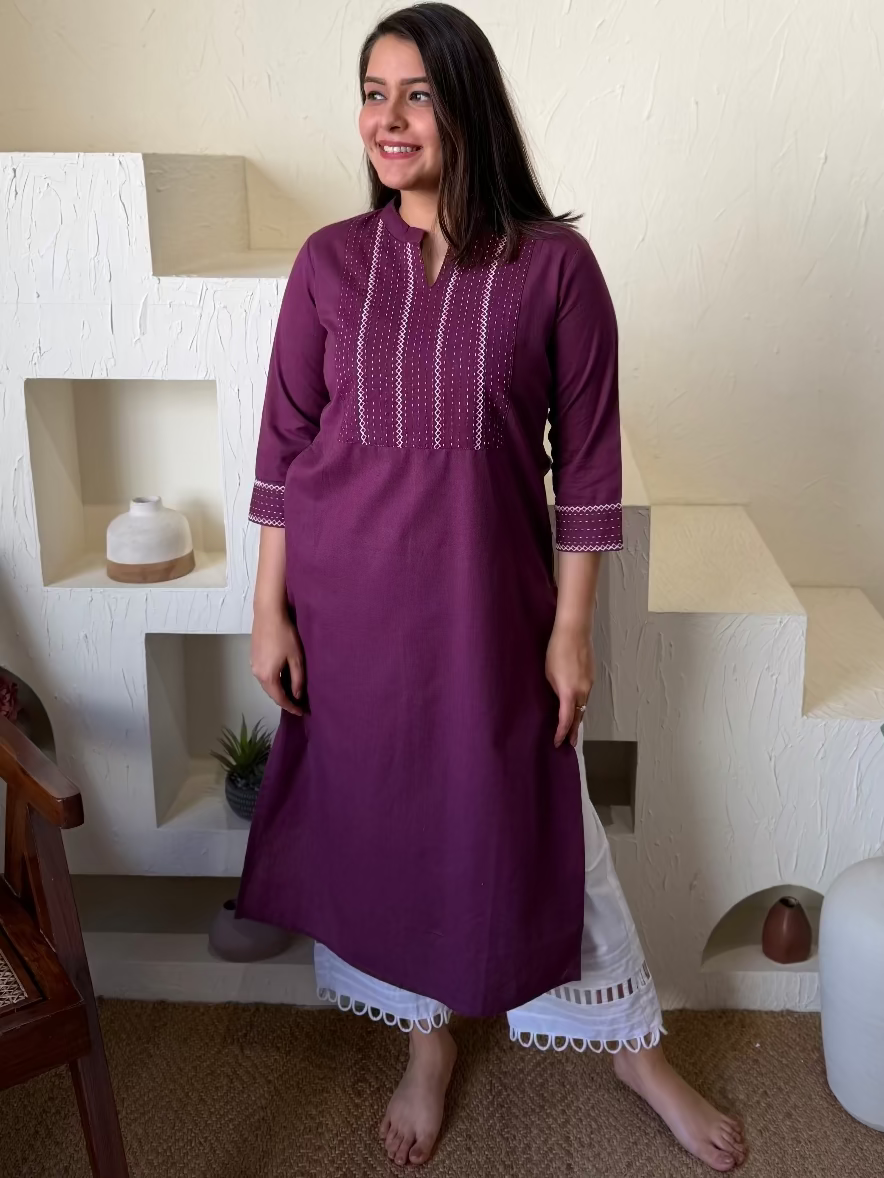 Wine Kantha Embroidered Yoke Kurta by Sanskritam