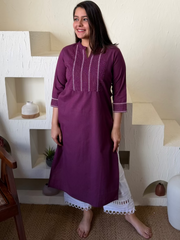 Wine Kantha Embroidered Yoke Kurta by Sanskritam