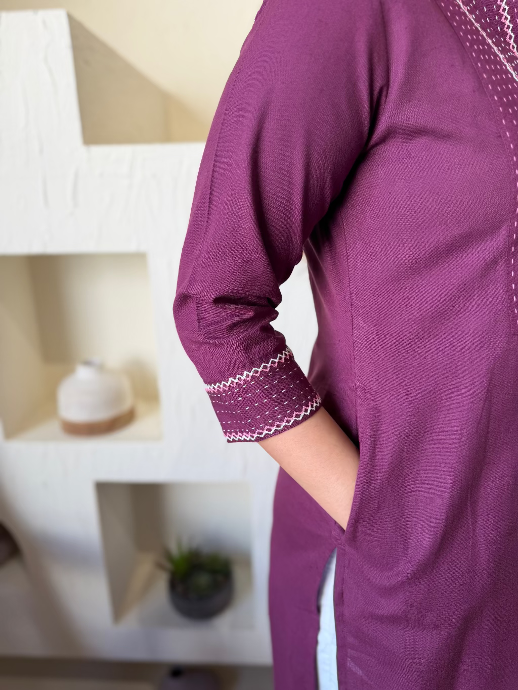 Wine Kantha Embroidered Yoke Kurta pocket by Sanskritam