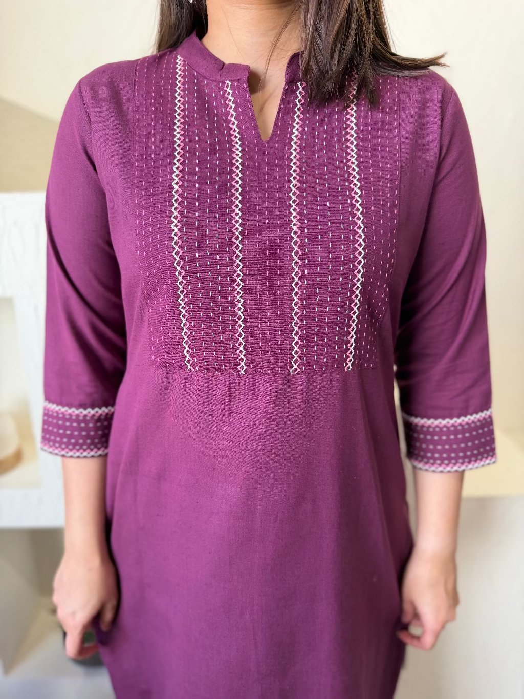Wine Kantha Embroidered Yoke Kurta neck embroidery by Sanskritam