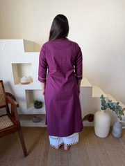 Wine Kantha Embroidered Yoke Kurta from the back by Sanskritam