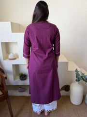 Wine Kantha Embroidered Yoke Kurta from the back by Sanskritam