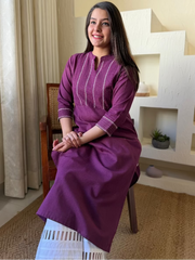 Wine Kantha Embroidered Yoke Kurta sitting pose by Sanskritam