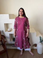 Pink Grey Floral A-line Kurta With Pocket by MySanskritam