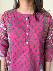 Pink Grey Floral A-line Kurta With Pocket Close Up by MySanskritam