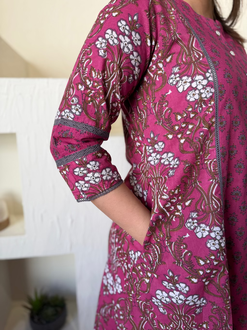 Pink Grey Floral A-line Kurta With Pocket by MySanskritam