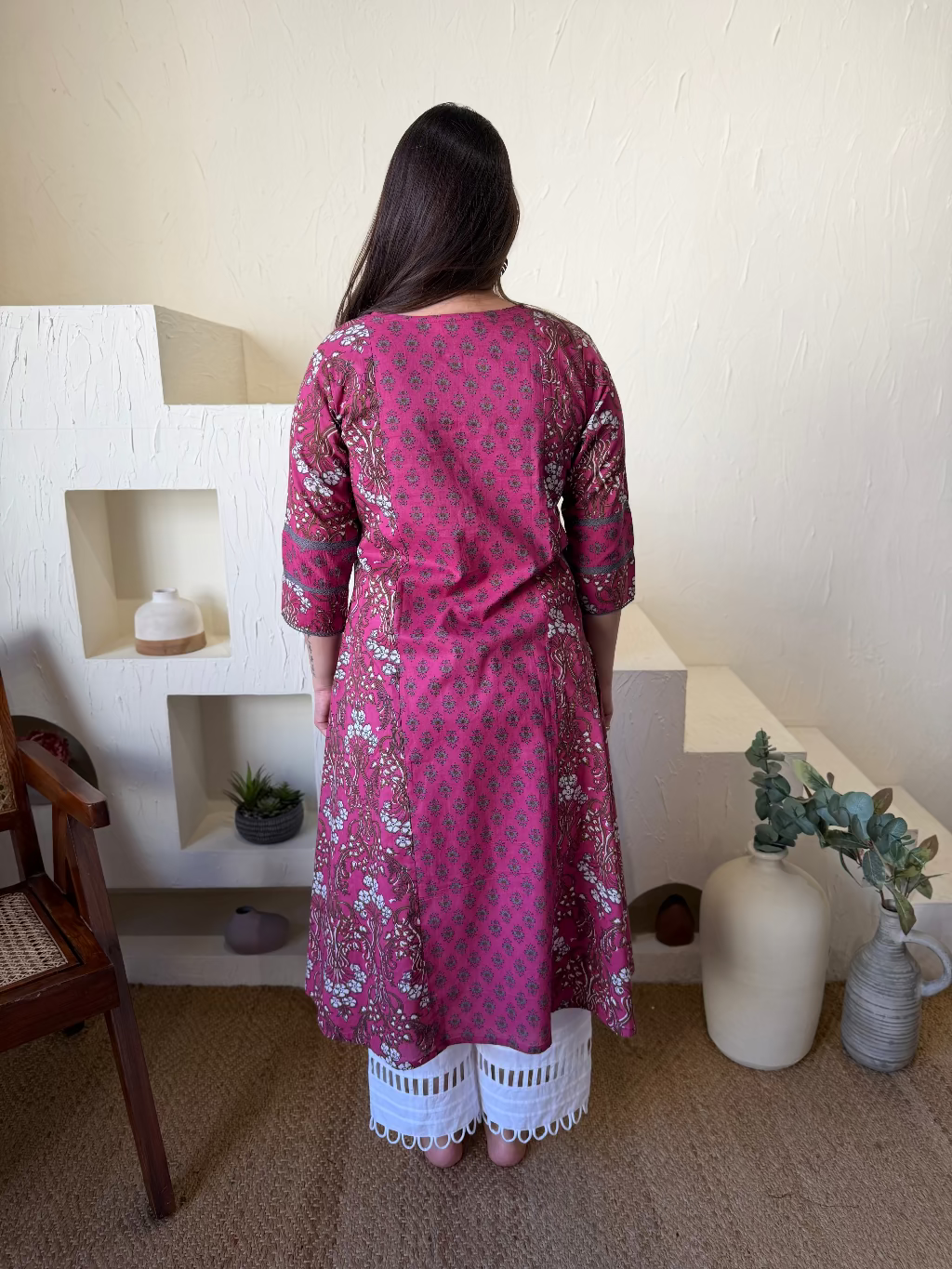 Pink Grey Floral A-line Kurta With Pocket from the back by MySanskritam