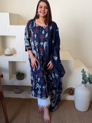 Dark blue ikkat aline kurta with duppata