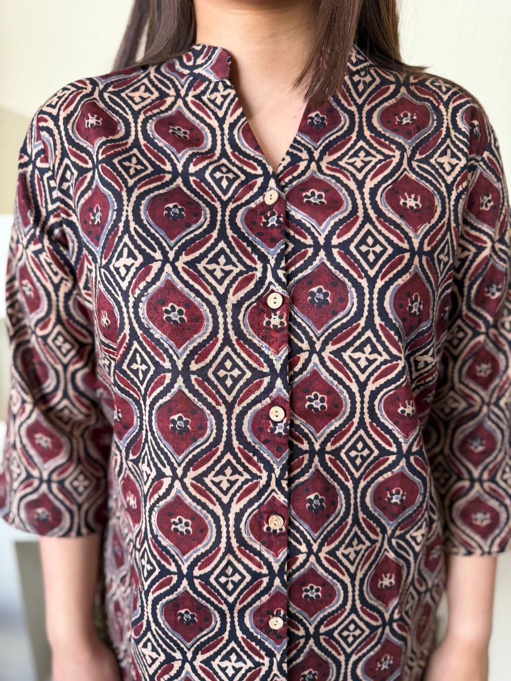 Coffee Ajrakh Shirt close up by MySanskritam
