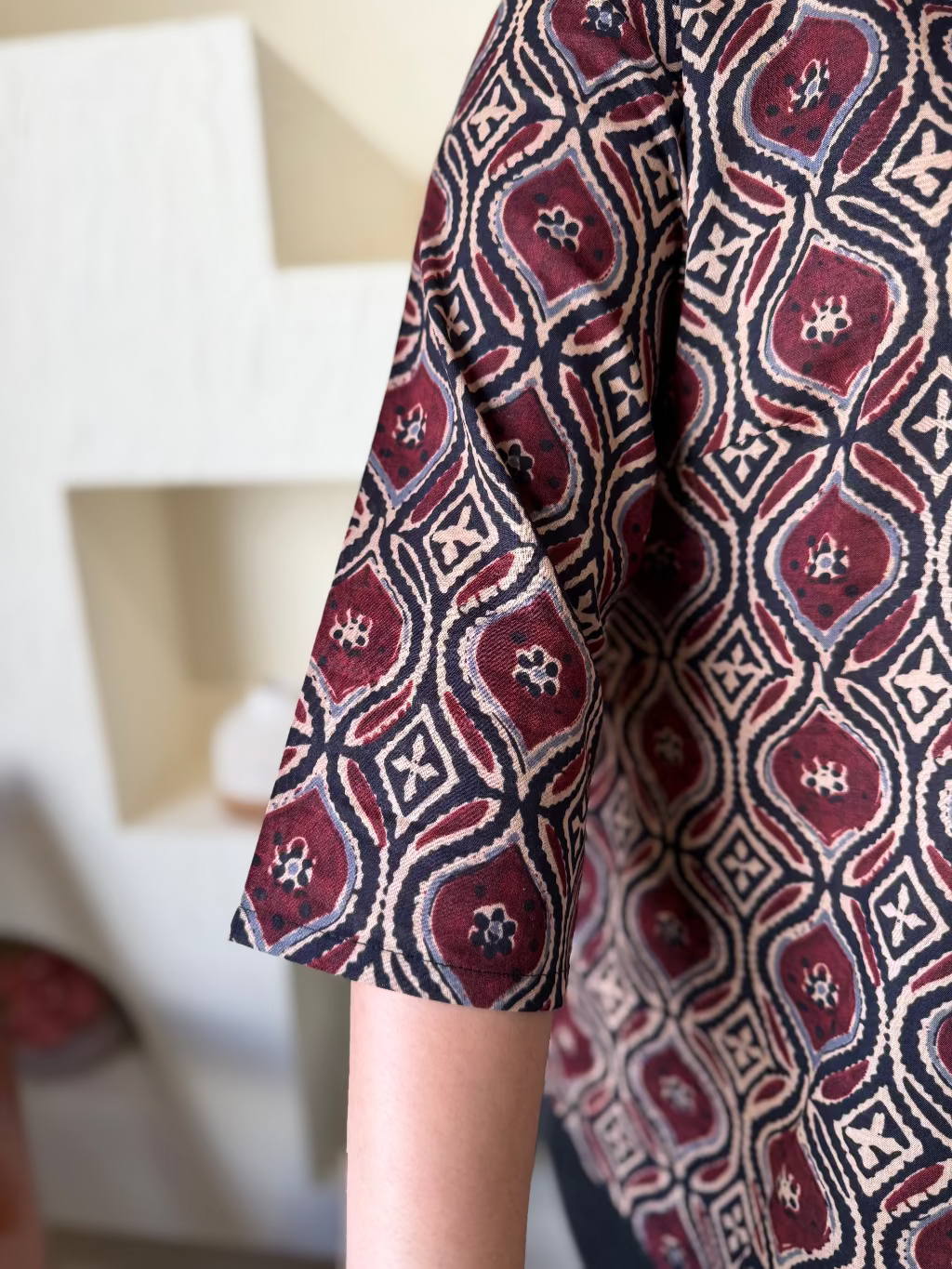 Coffee Ajrakh Shirt sleeve detail by MySanskritam