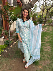 Light blue floral handblock Suit Set