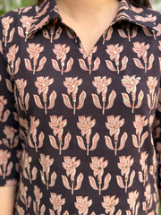 Black Bagru Collar Kurta close up by MySanskritam