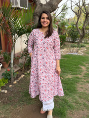 Soft pink embroidered floral aline kurta