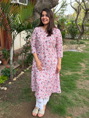 Soft pink embroidered floral aline kurta