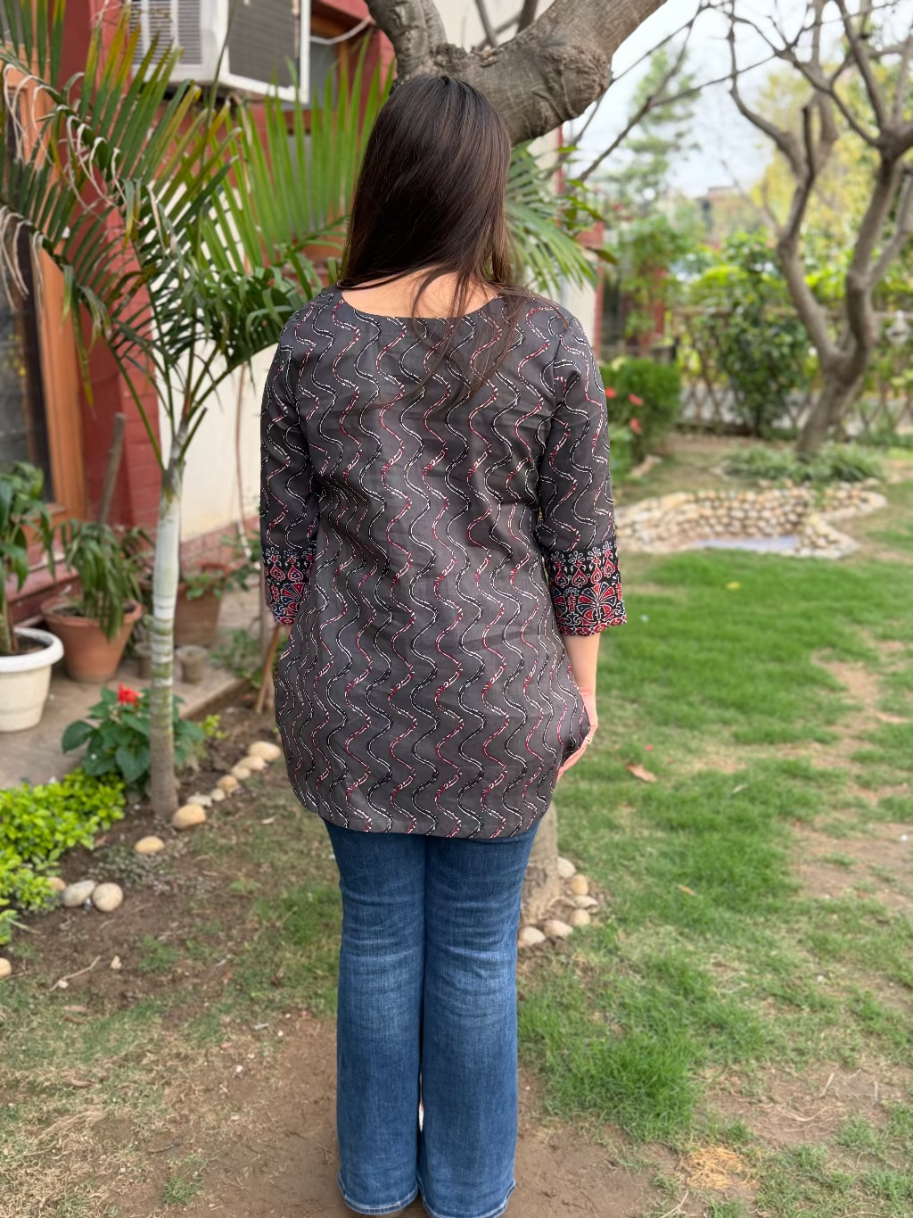 Grey Lehriya Short Kurti from the back by MySanskritam