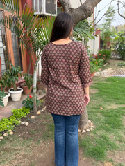 Brown Choti Buti Short Kurti from the back by Sanskritam