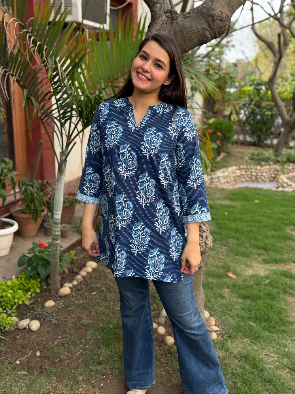 Indigo Kantha Buta Short Kurta by MySanskritam