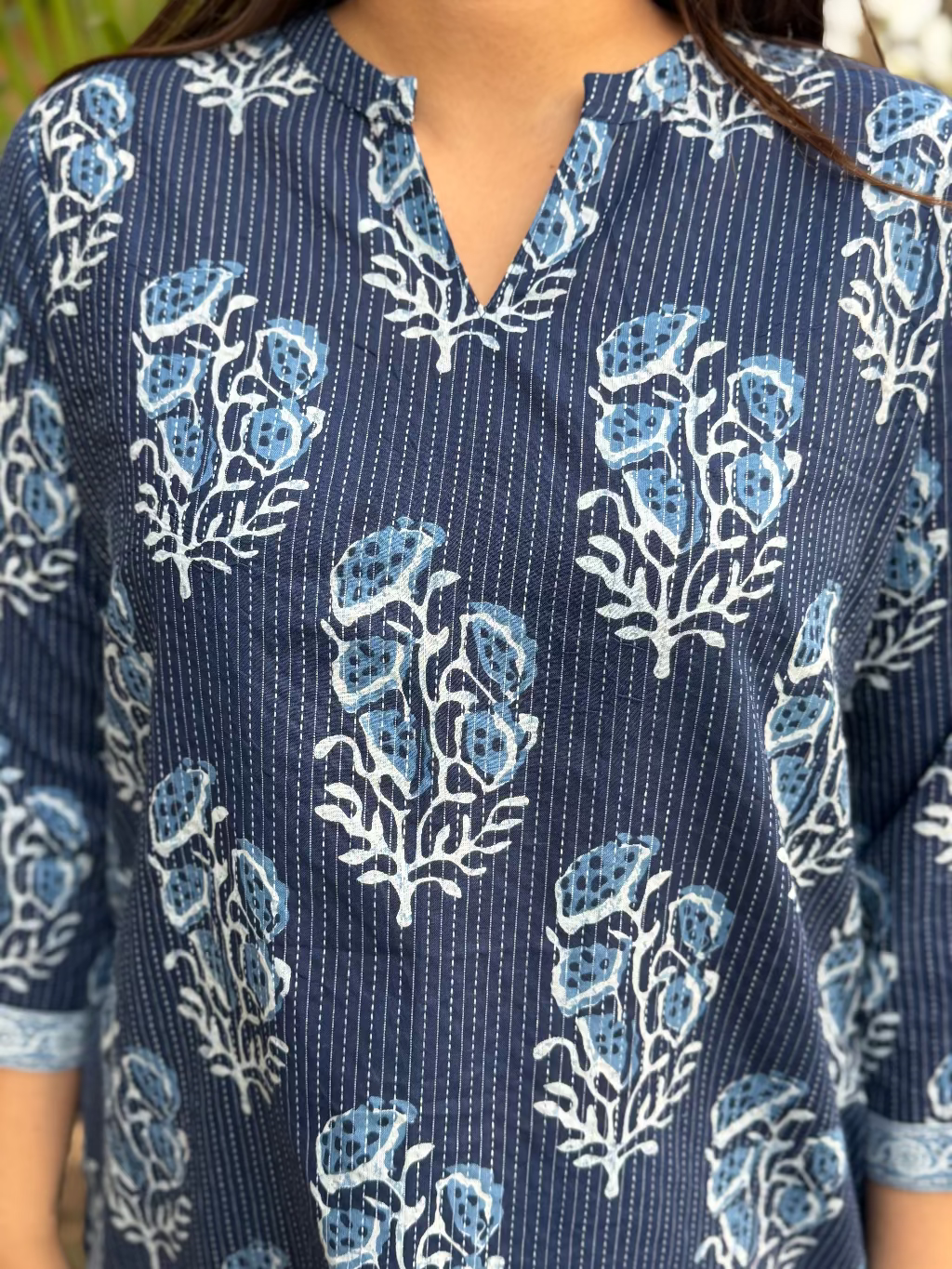 Indigo Kantha Buta Short Kurta close up by MySanskritam